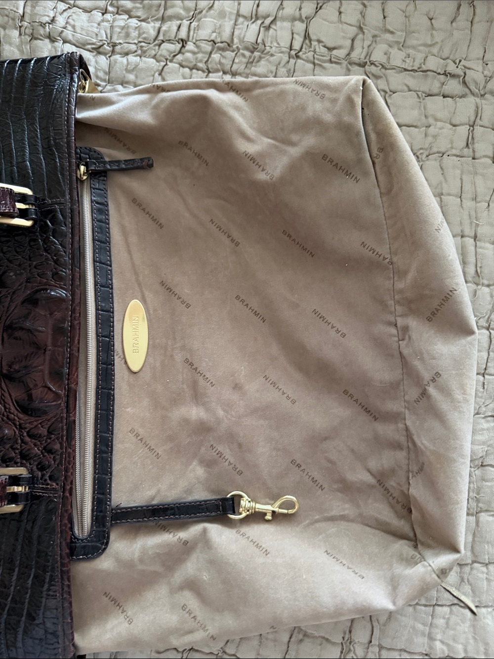 Brahmin Dark Brown and blackCroc-Embossed Leather Messenger Bag gold hardware - Picture 13 of 17